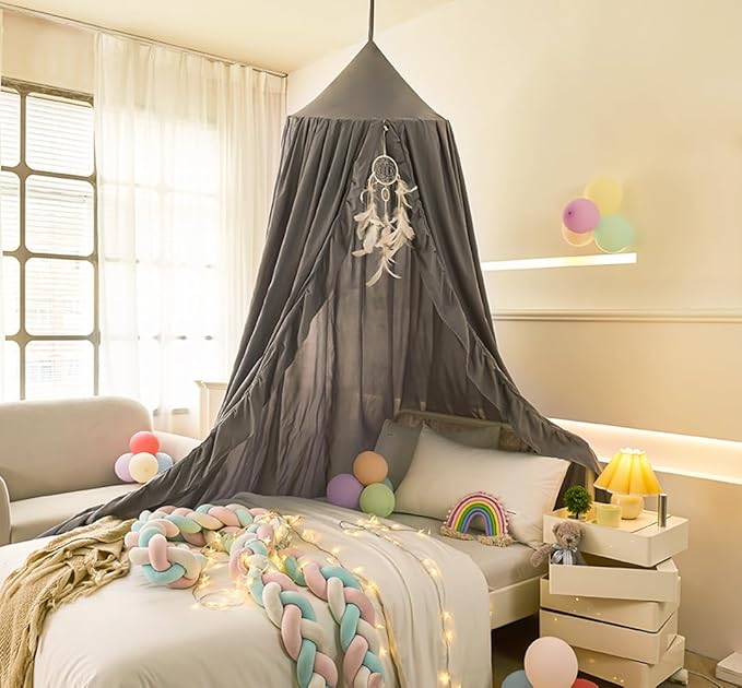 Mengersi Bed Canopy for Girls,Ruffled Canopy Bed Curtains Canopy for Girls Room,Hanging Canopy Princess Play Tent for Reading Nook Play Room Decor (Gray)