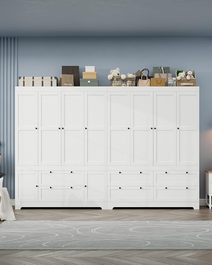 8 Door Large Wardrobe Closet 71" Tall White Wooden Freestanding Storage Armoire – Oversize Capacity Modular Cabinet with Drawers, Space-Saving Durable Design for Bedroom & Closet Organization