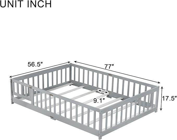Full Size Floor Bed for Kids, Wood Montessori Floor Beds with Fence Railings, Door & Slats Support, Full Playhouse Bed Frame for Boys Girls, No Box Spring Needed, Gray