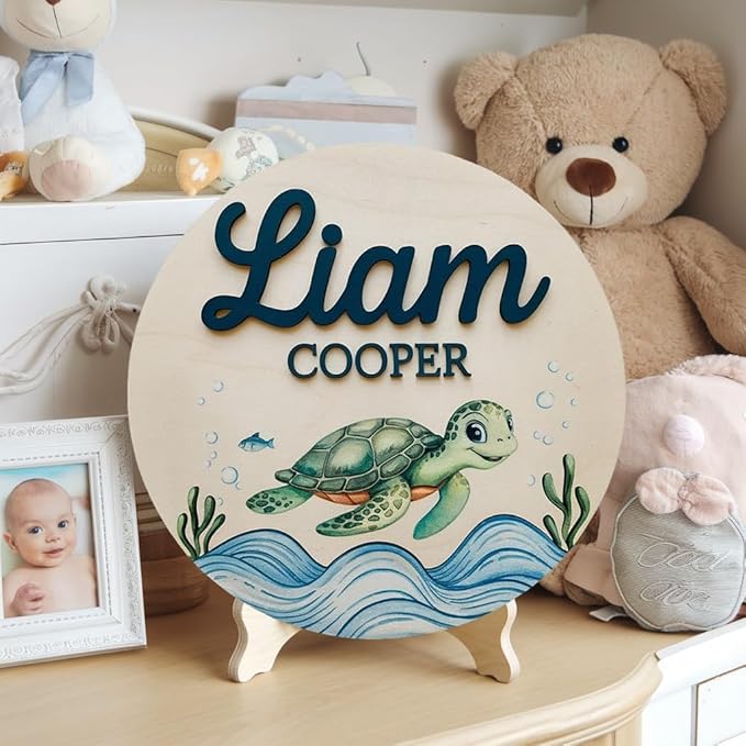 Personalized Name for Nursery Wall, Green Turtle Sign for Baby Door Decor, Newborn Gifts for Boy, Boys Nursery Wall Bedroom Decorations, Mother's Day Gifts for New Mom Dad Gift