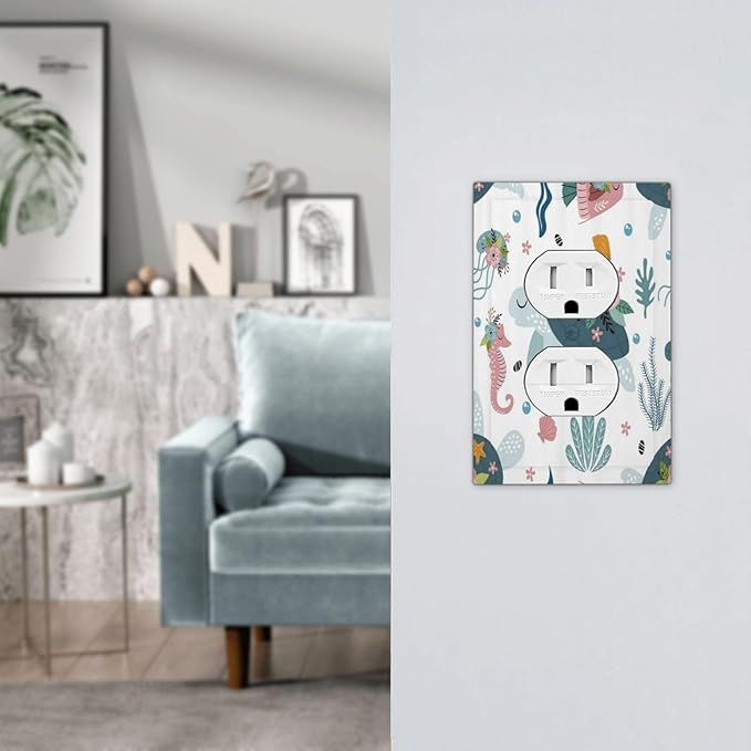 Underwater Floral Turtle Animal 1 Gang Single Duplex Light Switch Plate Outlet Cover Decorative Wall Plate Switchplate Electrical Faceplate for Nursery Kidsroom Bedroom Decor