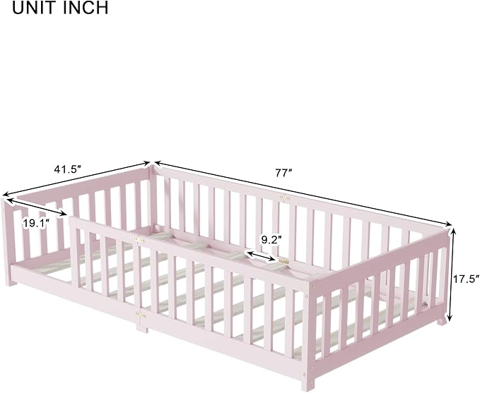 Twin Size Floor Bed for Kids, Wood Montessori Floor Beds with Fence Railings and Slats Support, Twin Playhouse Bed Frame for Boys Girls, No Box Spring Needed, Pink