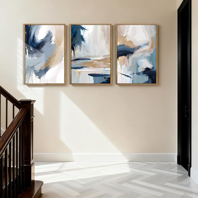 Anyzal Large Blue Abstract Wall Art Framed Modern Artwork Neutral Wall Decor for Living Room Bedroom Office 24X36 Inch Set of 3