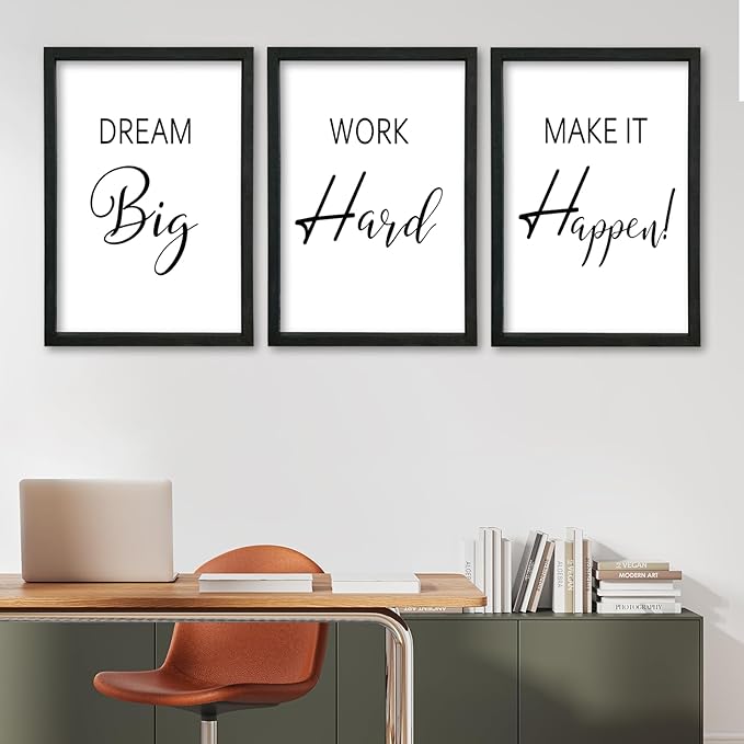 YWJKWLGS Motivational Wall Decor for Office & Home 16x24 Inch Set of 3 Inspirational quotes Wall Art Wood Frame Hanging Dream Big Work Hard Make It Happen positive affirmations Sign (Black)