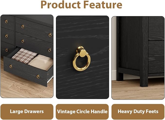IDEALHOUSE Dresser for Bedroom with 7 Drawers, 54'' Wide Chest of Drawers with Large Clothes Storage Cabinet, Wood Bedroom Dresser, TV Stand for Nursery, Living Room, Hallway, Black