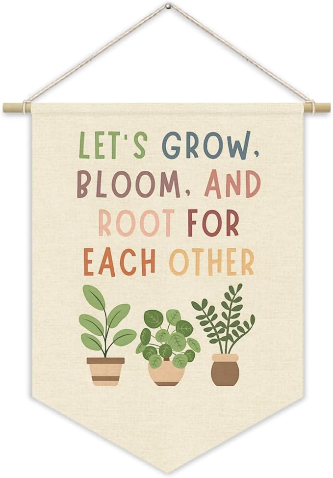 Boho Classroom Decor, Positive Affirmations Green Wall Decor Canvas Banner, Greenery Plant Classroom Lets Grow Bloom And Root For Each Other, Nature Education Wall Art Hanging Pennant Flag