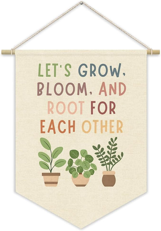 Boho Classroom Decor, Positive Affirmations Green Wall Decor Canvas Banner, Greenery Plant Classroom Lets Grow Bloom And Root For Each Other, Nature Education Wall Art Hanging Pennant Flag