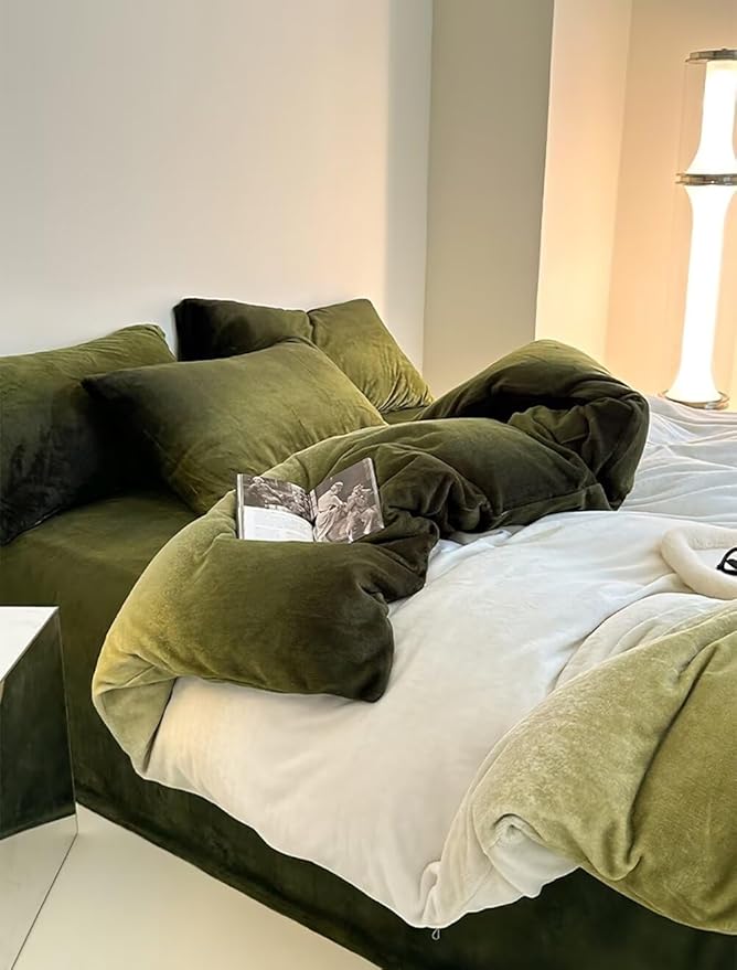 Houseri Green White Gradient Velvet Duvet Cover Twin Fluffy Olive Green Sherpa Bedding Duvet Cover Sets Extra Soft Comfy Flannel Fuzzy Army Green Ombre Duvet Covers Twin Size