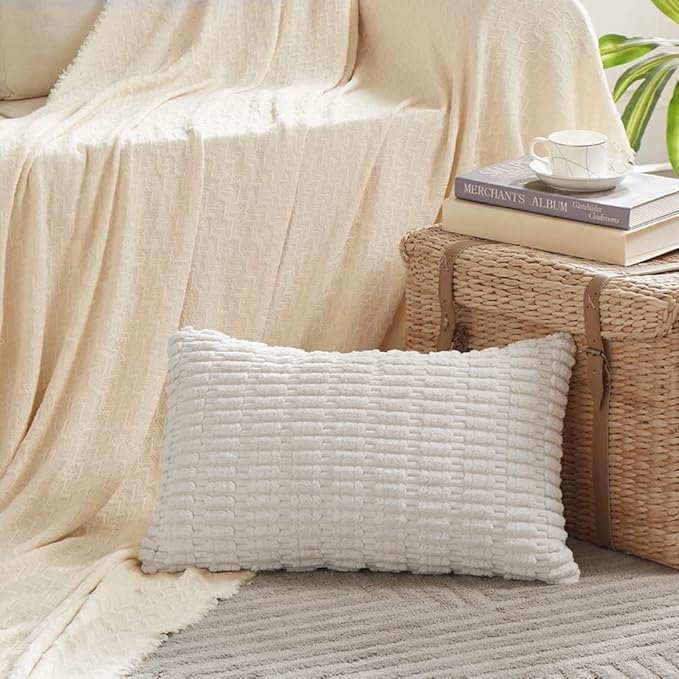 Fancy Homi 2 Packs Pure White Lumbar Decorative Throw Pillow Covers 12x20 Inch for Living Room Couch Bed Sofa, Rustic Farmhouse Boho Home Decor, Soft Striped Corduroy Rectangle Cushion Case 30x50 cm