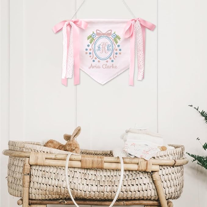 Embroidered Baby Name Sign with Bows Personalized Baby Announcement Sign Newborn Baby Banner Baby Hospital Name Sign Canvas Hanging Pennant Flag Custom Infant Baby Name Baby Shower Banner (13)