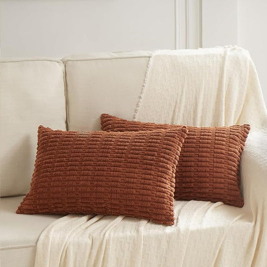 Fancy Homi 2 Packs Rust Decorative Throw Pillow Covers 14x24 Inch for Living Room Couch Bed Sofa, Rustic Farmhouse Boho Home Decor, Soft Striped Corduroy Rectangle Cushion Case 35x60 cm