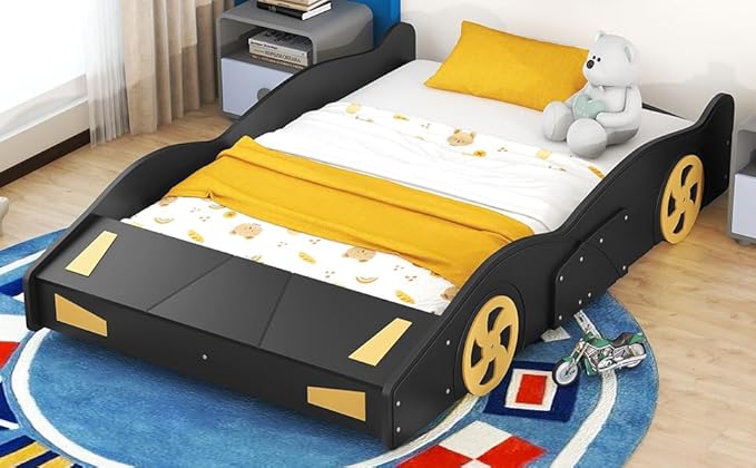 Flieks Full Size Race Car-Shaped Platform Bed Frame for Boys Girls Kids Adults Toddler with Wheels and Storage, Black+Yellow