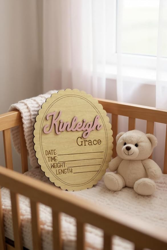 Personalized 3D Baby Name Sign with Floral Design, Scallop Engraved Birth Announcement Plaque, Baby Shower - Newborn Keepsake (Stat Sign)