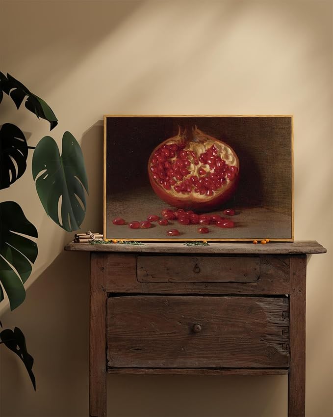 ARPEOTCY Still Life Vintage Wall Art, Pomegranate Fruit Framed Canvas Art Decor, Classical Farmhouse Wall Decor for Living Room, Large Vintage Painting for Kitchen, Dining Decorations, 16x24 inch