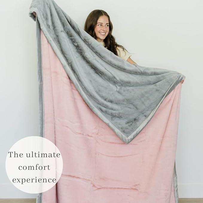SARANONI Oversized Luxury Blanket | Breathable Super Soft, Lush, Plush Comfy Blankets for Adults | Light Pink/Gray - X-Large 60” x 80”