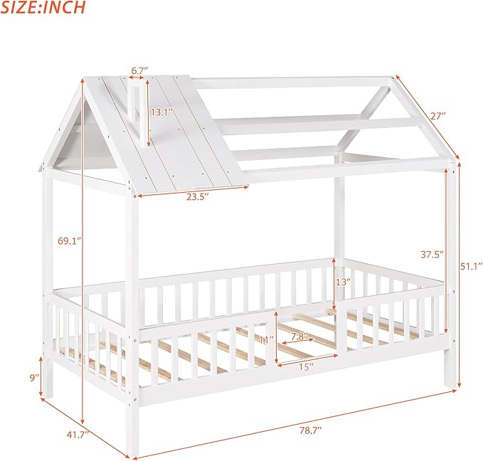 Bellemave Twin House BedFrame with Roof, Montessori Floor Bed, House Bed with Rails for Kids, White