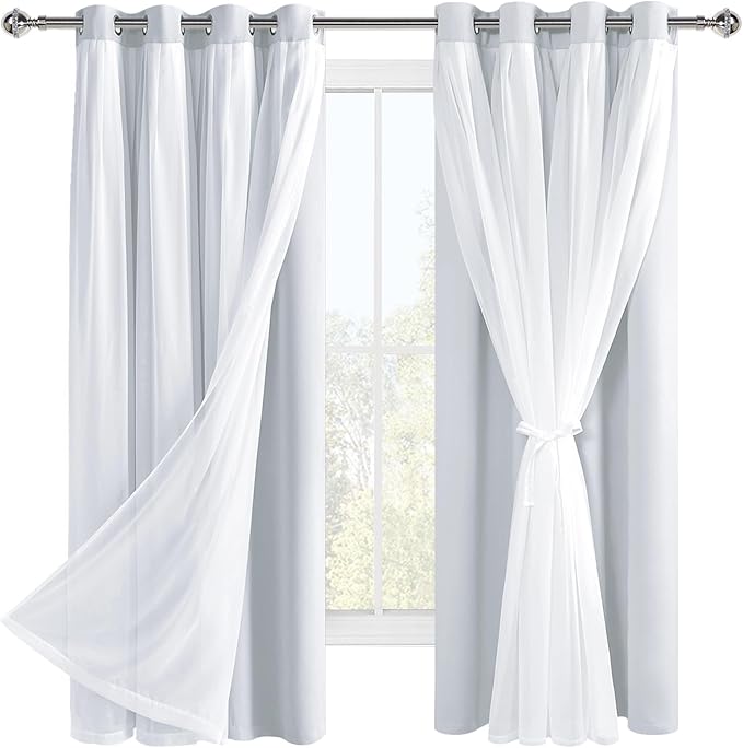 Hiasan Greyish White Blackout Curtains with Sheer Overlay, Grommet Thermal Insulated Mix & Match Double Layer Window Curtains for Girls Bedroom, Living Room, 2 Panels Sewn with Tiebacks, 52W X 63L