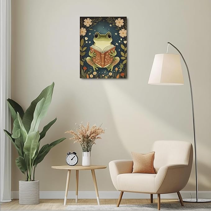 Whimsical Reading Frog Decor Book Lovers Gifts Bookish Gifts Wall Decor Canvas Wall Art Framed Prints Artwork for Living Room Library Office Cozy Art Study Nursery Decorations Painting 11.5X14.5 Inch