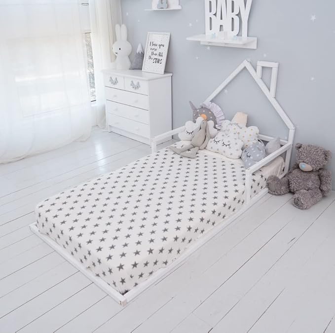 BUSYWOOD Toddler Floor Bed Frame - Cozy House Bed for Kids - Montessori Floor Kids Bed - Twin Bed Frames for Kids - Loft Bed for Toddler - Wood Children Bed (Model 3, Floor Bed)