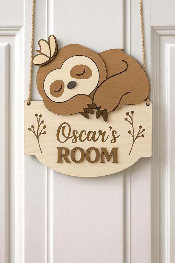 Custom Sloth Room Sign – Personalized Wooden Animal Door Name Plaque, Nursery Wall Decor, Cute Sleeping Sloth with Butterfly Wooden Name Signs for Nursery