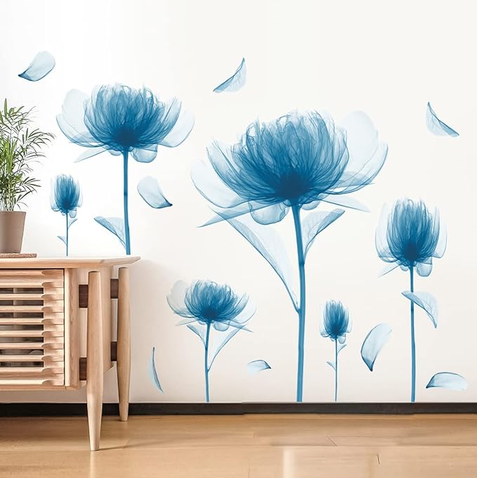 6 PCS Blue Lotus Blossom Floral Wall Stickers Romantic Painting Art Decor Flowers Bud Wall Decals Vinyl Removable Peel and Stick for Living Room Nursery Room Bedroom Office Bathroom Wall Decoration