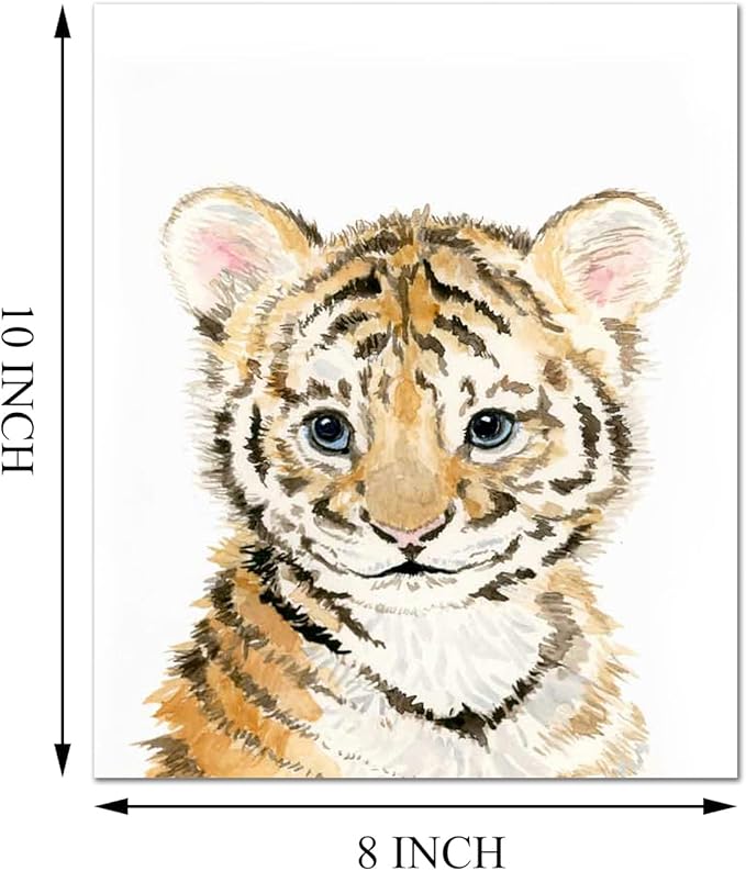 Nursery Baby Room Wall Art Decor, Jungle Nursery Baby Animal of Tiger Lion Elephant Decorations, Nursery Safari Cute Animal Decor for Baby Bedroom (8"x10", UNFRAMED)