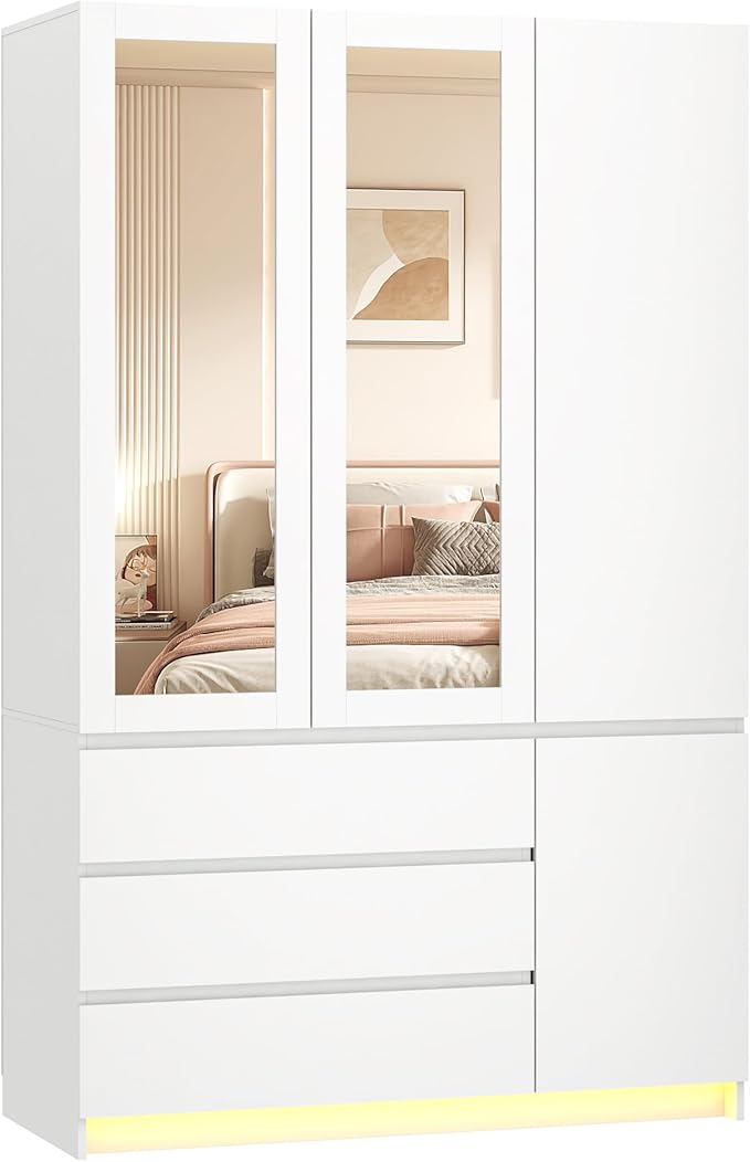 3 Doors Armoire Wardrobe Closet with 3 Drawers & Mirror, Modern Wooden Bedroom Armoires with Hanging Rod Led Lights for Bedroom, White