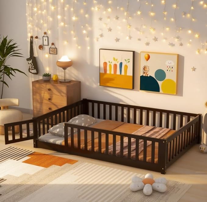 Bellemave Full Size Floor Bed for Kids, Girls, Boys, Rubber Wood Floor Bed with slats and Door, Espresso