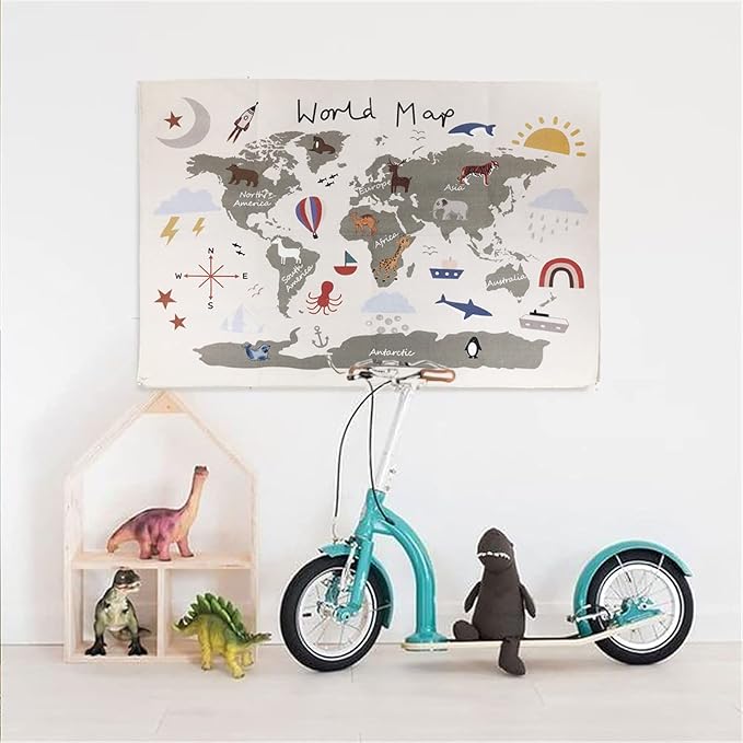 Charlbytion World Maps for Wall, Adorable Alphabet Canvas Art Poster Wall Hanging,Kids Room School Bedroom Photography Background Props Decor (31.5"x23.5", Khaki)