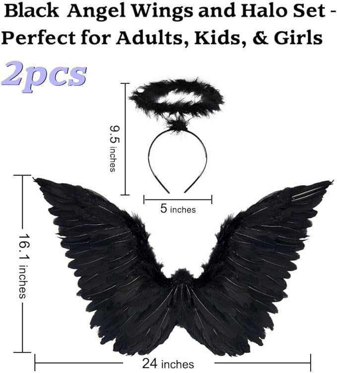 SEVADA Black Angel Wings and Halo for Adult Women, Dark Devil Fallen Feather Angel Wings for Kids Girls