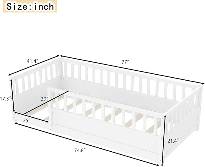 Bellemave Kids Montessori Floor Bed,Twin Size Floor Bed with High Fence and Door,Twin Bed Frame with Guardrails for Kids,Girls,Boys,Twin,White