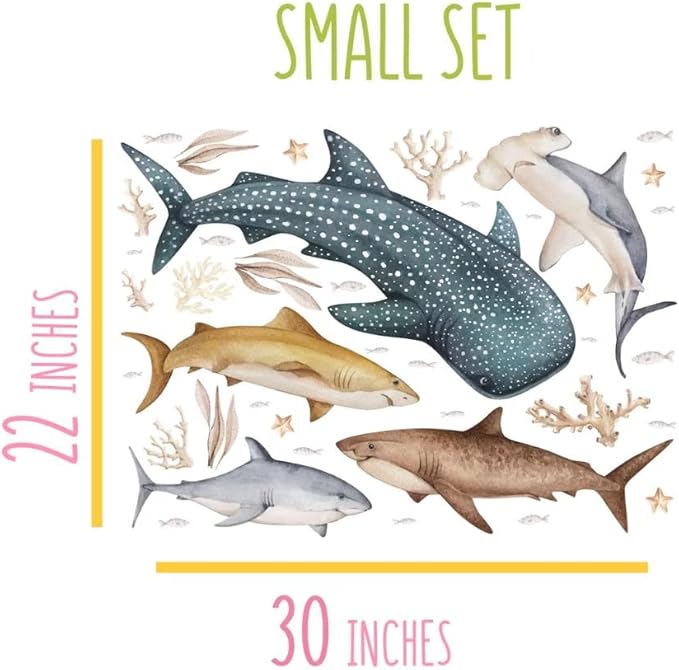 Fish Wall Stickers – Fish Decals for Coral Reef Decorations with Whale Shark, Hammerhead, and Coral, for Nursery Baby Kids Bedroom Bathroom, Small Set (30″×22″) 35 Pcs