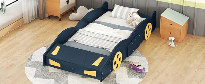 Ball & Cast Twin Size Race Car-Shaped Platform Bed with Wheels and Storage,Wood Low Floor Bed Frame w/Rails,Slat Support,No Box Spring Needed,Bedroom Furniture for Apartment,Dorm,Dark Blue
