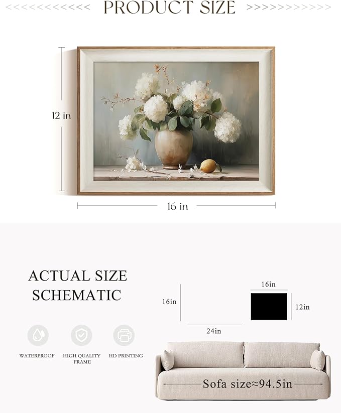 ARPEOTCY Framed Canvas Wall Art, 12x16 Inch Vintage White Hydrangea Flower Oil Painting, Rustic Still Life Floral Wall Decor for Kitchen, Dining Room, Bedroom, or Living Room