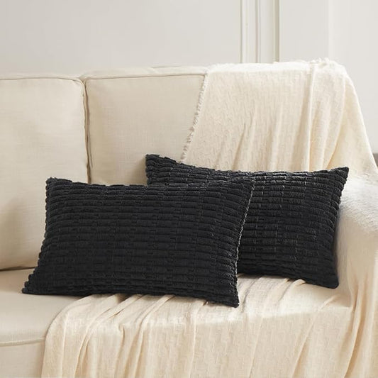 Fancy Homi 2 Packs Black Decorative Throw Pillow Covers 12x24 Inch for Living Room Couch Bed Sofa, Rustic Farmhouse Boho Home Decor, Soft Striped Corduroy Square Cushion Case 30x60 cm