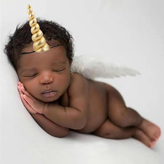 2PCS White Angel Wings With Gold Unicorn Headband For Newborn Infant Photography Props Soft Fairy Feather Wings For Toddlers Kids Girls Gifts(Color D, One Size)