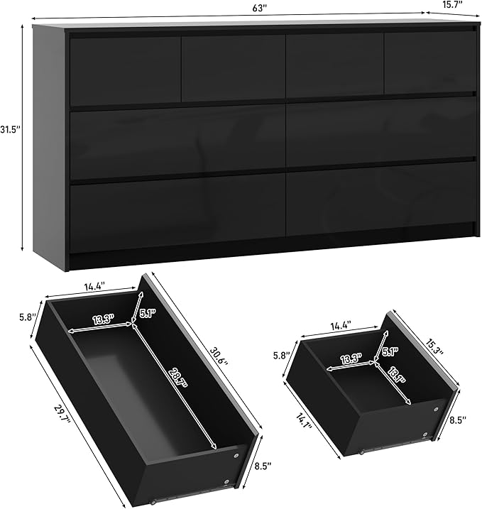 Black Malm Dresser for Bedroom, 63 Inch Full High Gloss Dresser with 8 Drawers, Modern Large Wood Chest of Drawer Handle Free, Living Room, Entryway, Hallway, Black