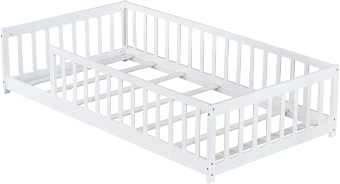 Twin Size Kids Montessori Floor Bed,Twin Floor Bed Frame with Slats,Solid Wood Twin Bed Frame for Girls Boys,White