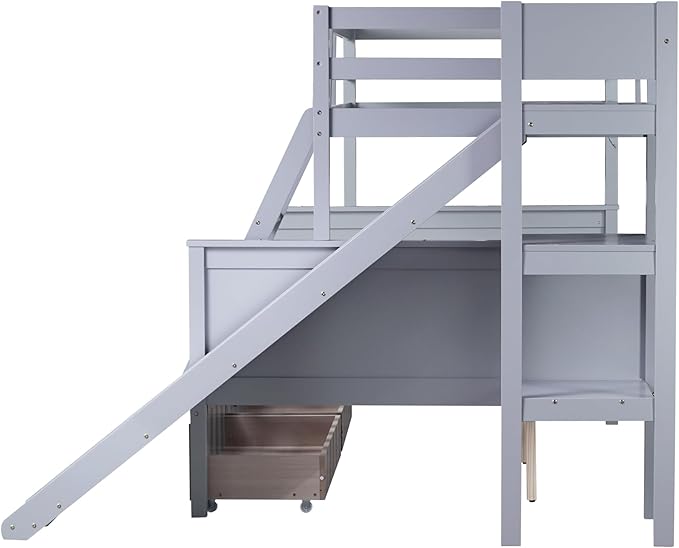 Twin Over Full Bunk Bed with 2 Drawers and Slide, Wood Bunk Bed Frame with Shelves and Ladder, Space Saving Design Bunk Bed for Kids Teens Boys Girls (Grey-x32c)