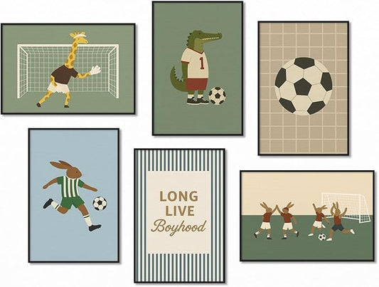 Soccer Posters, Nursery Animal Sports Posters, Long Live Boyhood Inspirational Quote Print, Football Athletes Giraffe Rabbit Crocodile Pictures, Boys Bedroom Sports Artwork 8x12in Unframed