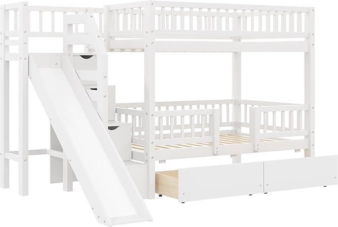 Twin Over Twin Bunk Bed with Storage Staircase, Solid Wood Bunk Bed Frame with Slide and 2 Drawers for Kids Teens Adult Bedroom, No Box Spring Needed (White/63r)