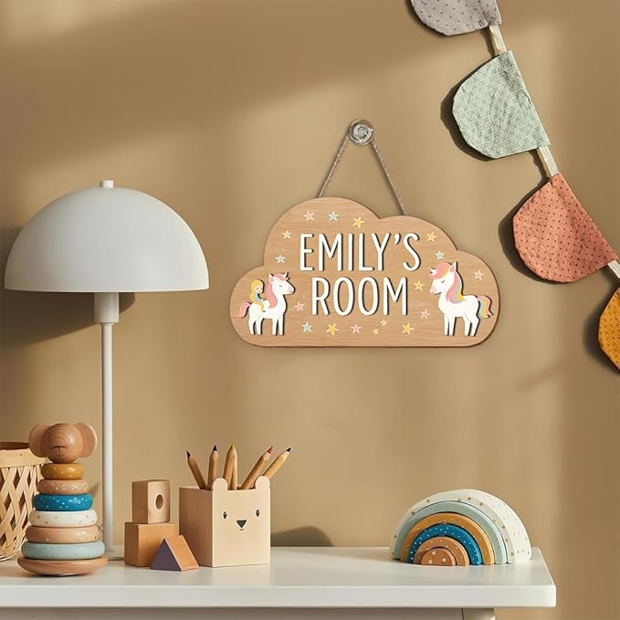 Wooden Unicorn Name Sign | Personalized Cloud Door Hanger for Nursery Wall Art, Girls Bedroom Decor, Playroom Decoration, Room Wall Hanging