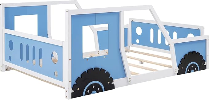 Bellemave Twin Full Size Kids Car Bed, Classic Car-Shaped Platform Bed with Wheels, Wood Full Montessori Floor Bed Frame for Kids Boy Girls, Lightning McQueen Bed (Blue+Black)