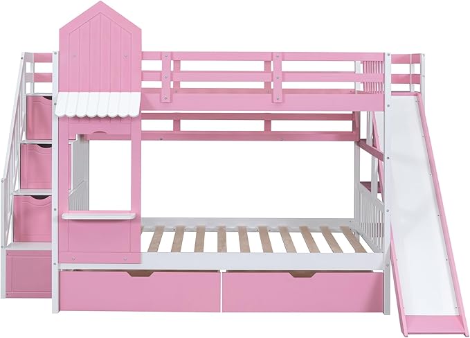 Full-Over-Full Castle Style Bunk Bed with 2 Drawers and 3 Shelves, Wood Bunk Bed Frame with Slide and Storage Staircase for Kids Teens Boys Girls, Maximize Space Savings