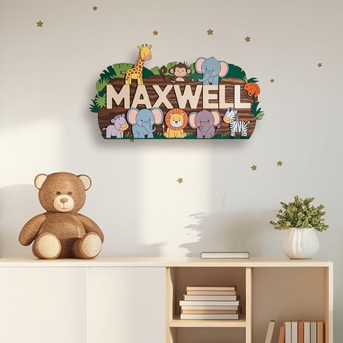 Personalized Nursery Sign, Woodland Animals Wooden Sign with Name, Hello World Newborn Sign, Animals Sign for Kid Room Decor, Baby Gifts for Girl, Custom Baby Name Sign, Baby Wall Art Bedroom