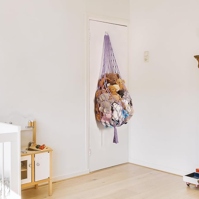 Upgrade Stuffed Animal Hammock Corner or Wall Hanging Net for Stuffy Animal Storage Macrame Toy Display Over Door Toy Holder Kid Bedroom Decor Playroom Organizer (Purple)