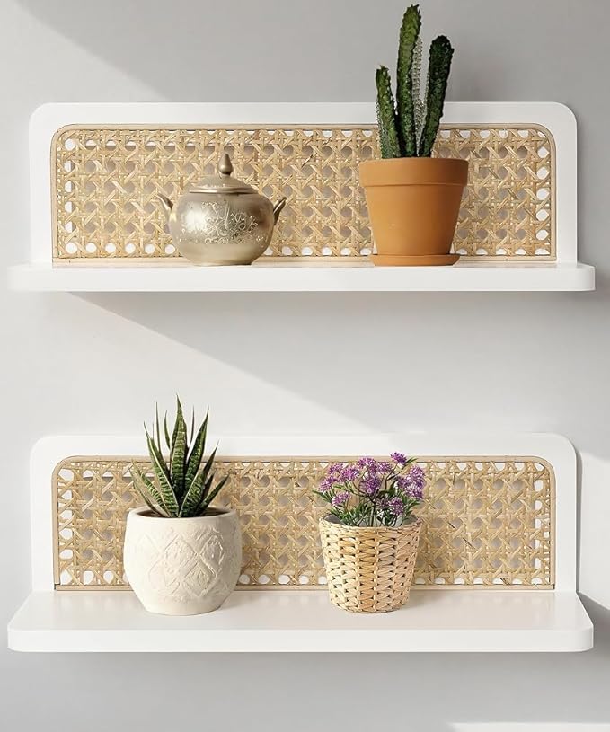 Rattan Wall Shelf 16inch Set of 2, Handmade White Floating Shelves Boho Wall Decor, Rustic Wood Cute Wall Mounted Storage Shelves for Living Room Nursery Bedroom