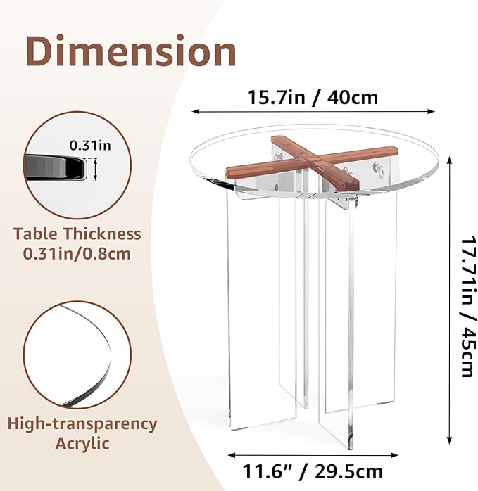 Acrylic Small Coffee Table, Round Accent End Table, Minimalist Bedside Nightstand, Side Tables Living Room, Bedroom Office Indoor Home Decor, Transparent Brown