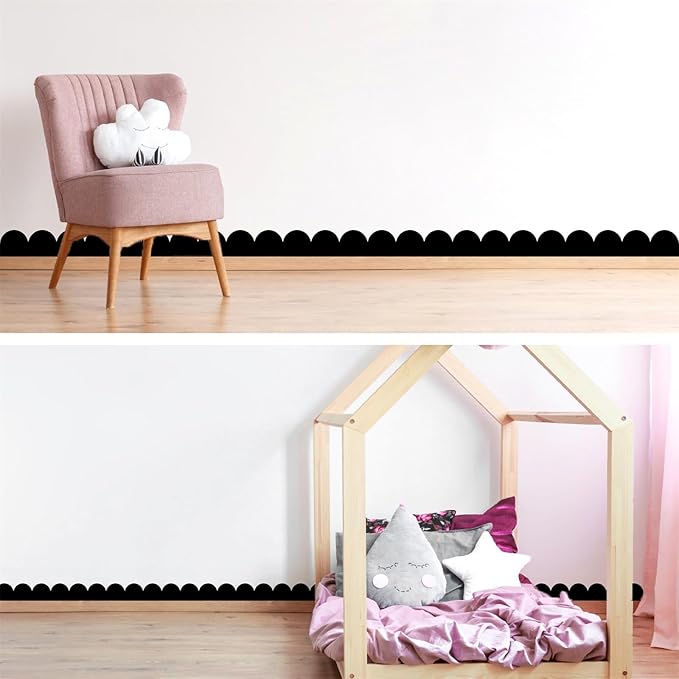 Scallop Border Decals Peel and Stick Vinyl Black Wall Stickers Removable Semi Circle Wall Sticker Geometric Pattern Modern Decoration Half Arch Wall Decal for Bedroom Living Room Decor