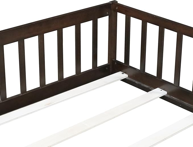 Bellemave Full Size Floor Bed for Kids, Girls, Boys, Rubber Wood Floor Bed with slats and Door, Espresso